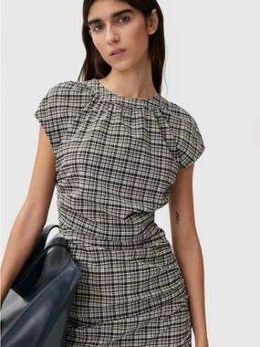 Ganni Black and White Plaid Ruched Short-Sleeve Top